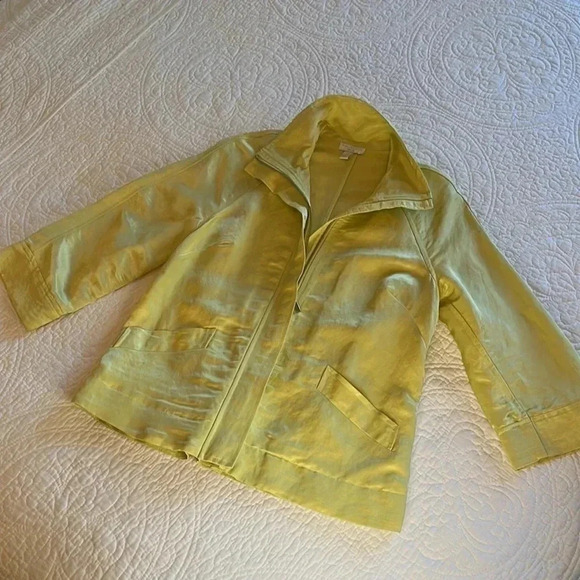 Linen Blend Jacket Women’s Med P Yellow Front Zip Pockets Collar Modern Artsy - Picture 1 of 17